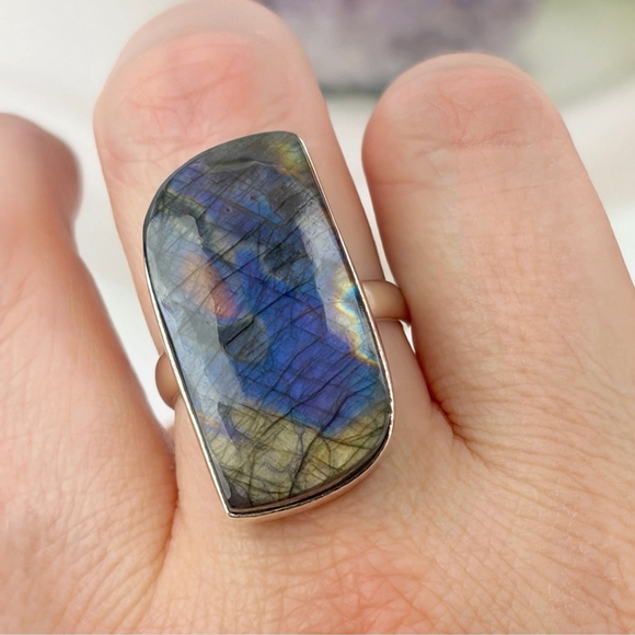Handmade Jewelry - Sterling Silver 925 Purple Labradorite Ring Size 9 1/4 9.25 Colorful Boho